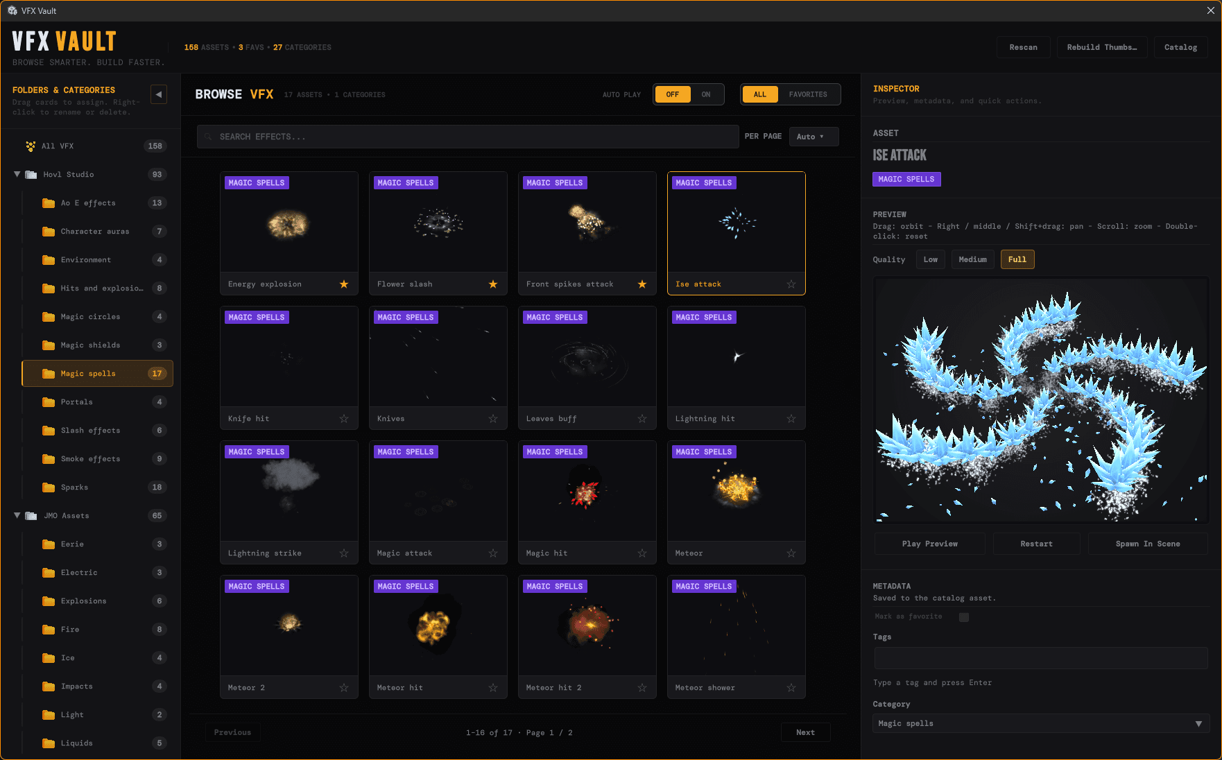VFX Vault Unity Editor window showing categories, a VFX browser grid, and an inspector preview.